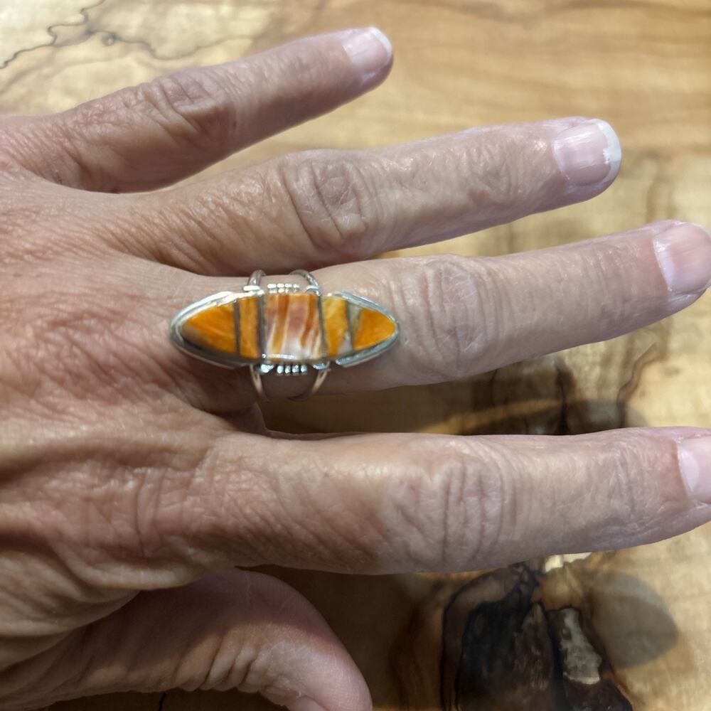 Navajo‎ Artist Sterling Silver Spiny Oyster Inlay Ring Size 8.75